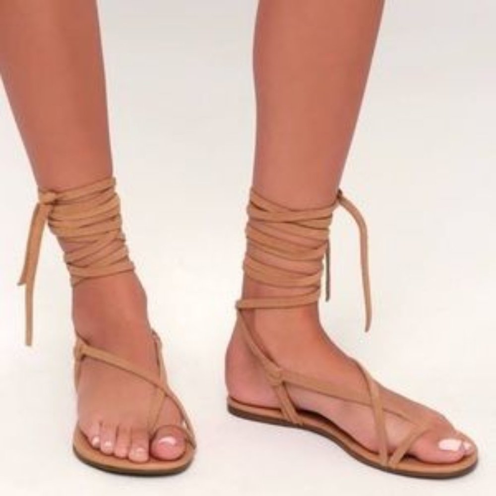 Lulus Taylen Sandal Tan Suede Leather Lace Up 8.5